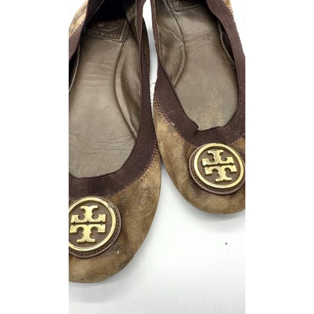 TORY BURCH Elastic Logo Caroline Suede Ballerina Ballet Flats Brown 7M